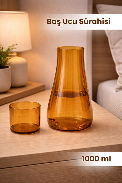 naturelove Bal Rengi Borosilikat Cam Bardaklı Başucu Sürahisi 1000 ML Gold