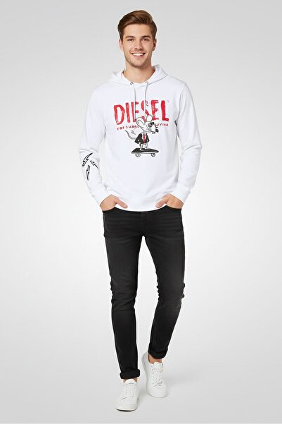 Diesel Men Drawstring Brand Logo Long Sleeve Hoodie, White