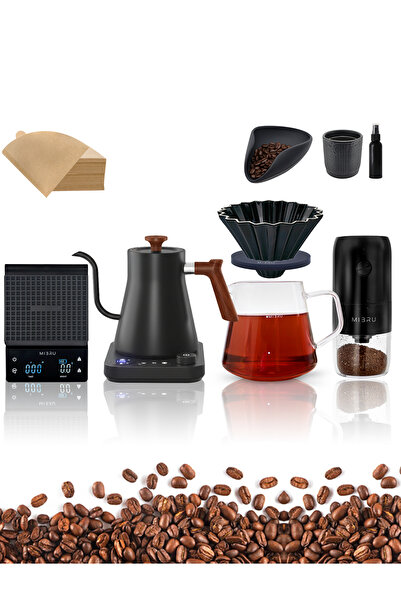 MIBRU طقم قهوة V60 من 9 قطع - فلتر، غلاية كهربائية، ماكينة قهوة، وملحقات فاخرة