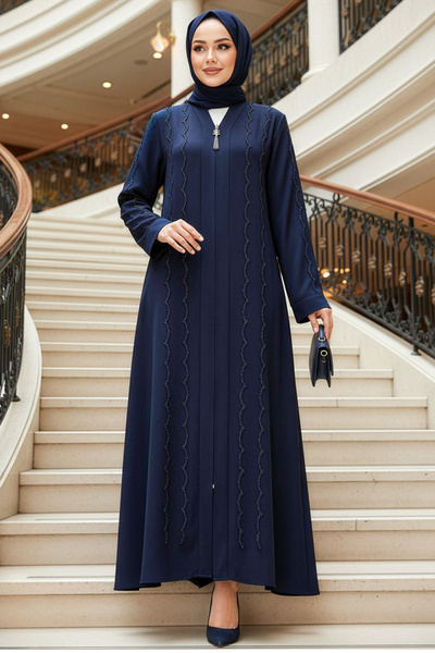 Neva Style Boncuk İşlemeli Lacivert Tesettür Ferace 29113L