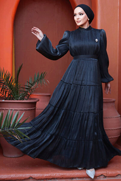 N.S NEVA STYLE -Kat Piliseli Siyah Tesettür Abiye Elbise 52981S