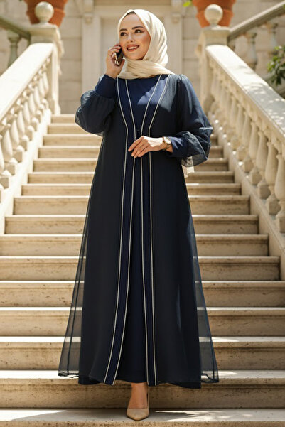 Neva Style Boncuk İşlemeli Lacivert Tesettür Abaya Takım 4626L