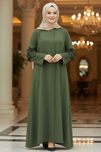 Neva Style Hijab kaki cu mânere detaliate Ferace 10021HK