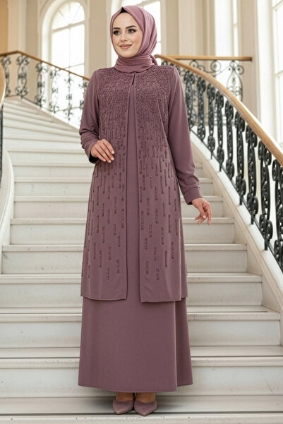 N.S NEVA STYLE Χάντρες Κεντημένο Dusty Rose Hijab Abaya 29119GK
