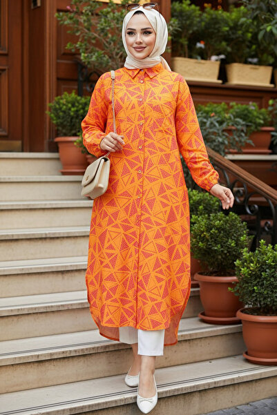 Neva Style Orange Patterned Hijab Tunic - 10536T