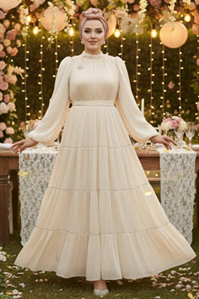 N.S NEVA STYLE - Kat Piliseli Bej Tesettür Abiye Elbise 52981BEJ