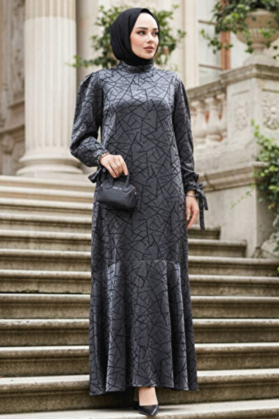 N.S NEVA STYLE Φόρεμα με σχέδιο Anthracite Hijab Satin 4457ANT
