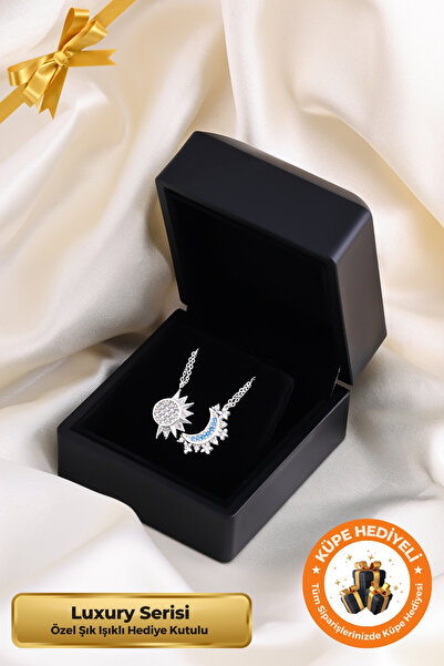Lucente Jewellery Işıklı Hediye Kutulu Güneş ve Ay 925 Ayar Gümüş Kaplama Sev...