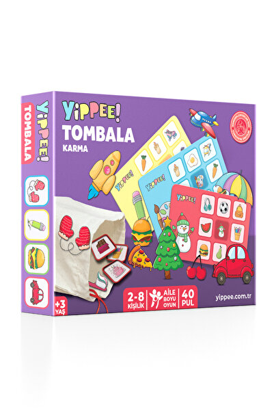 YİPPEE Çocuk Tombalası – Karma Temalı | Ham Bez Kese | 8 Tabla | 40 Pul (60 P...
