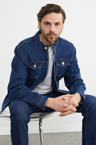 Fulla Moda Fermuarlı Cepli Hakim Yaka Kot Ceket