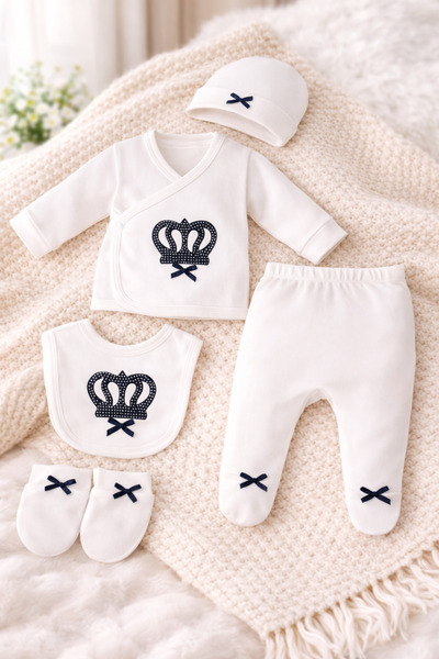 Nexvora Boxed 5-Piece Newborn Hospital Discharge Set with Crown Pattern and S...