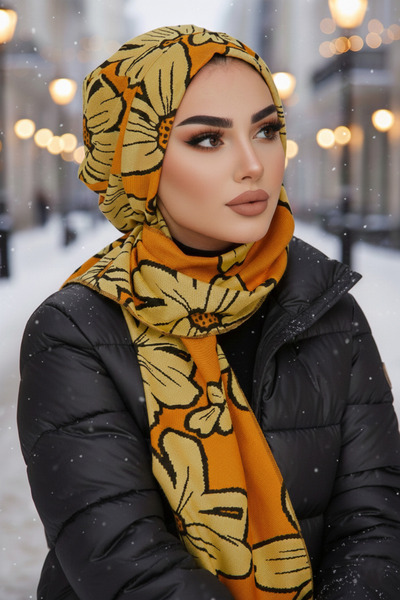 Aişe tesettür Turuncu Desenli Tesettür Bere