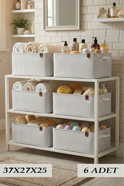 LUXWAY HOME 6`lı Gri Çizgili Çok Amaçlı Dolap Içi Oyuncak Saklama Kutusu Sepe...