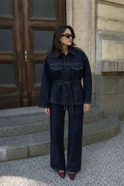 Perryes Damski wiązany zestaw jeansowy Oversize Kurtka i spodnie