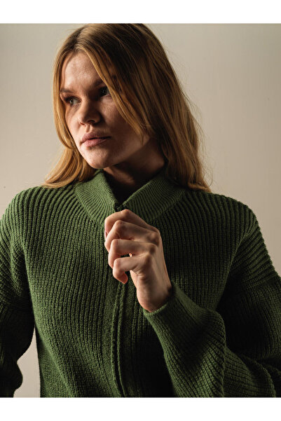 Xint Kadın Dyeşil Dik Yaka Oversize Fermuarlı Triko Hırka