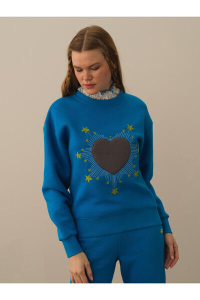 Xint Kadın Mavi Pamuk Dokulu Oversize Sweatshirt