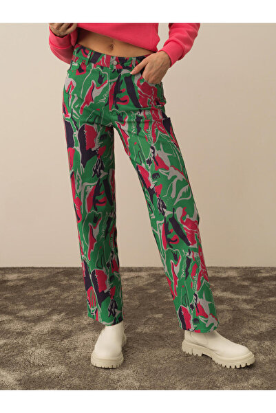 Xint Kadın Yeşil Regular Fit Pano Baskı Pantolon
