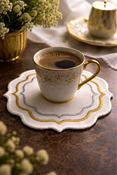 NAKIŞHAN Milano Özel Nakışlı Kahve Sunumluk Peçetesi-Gümüş/Gold 6-Adet