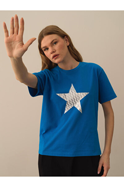 Xint Erkek Mavi Pamuk Dokulu Oversize Tişört