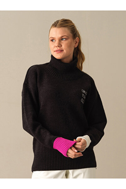 Xint Kadın Siyah Doğal Yün Dokulu Big Oversize Kazak