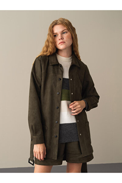 Xint Kadın Haki Esnek Dokulu Süet Görünümlü Gömlek Ceket