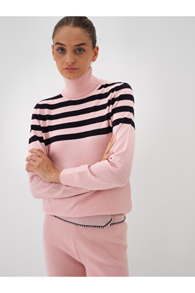 Xint Kadın Pembe Yünlü Çizgili Balıkçı Yaka Kazak