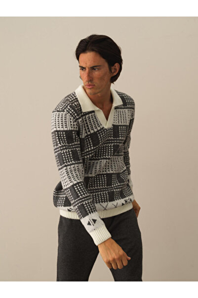 Xint Erkek Kırık Beyaz Lüks Pamuk Dokulu Regular Fit Kazak