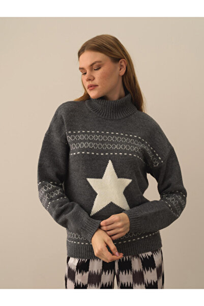 Xint Kadın Gri Oversize Desenli Yünlü Kazak