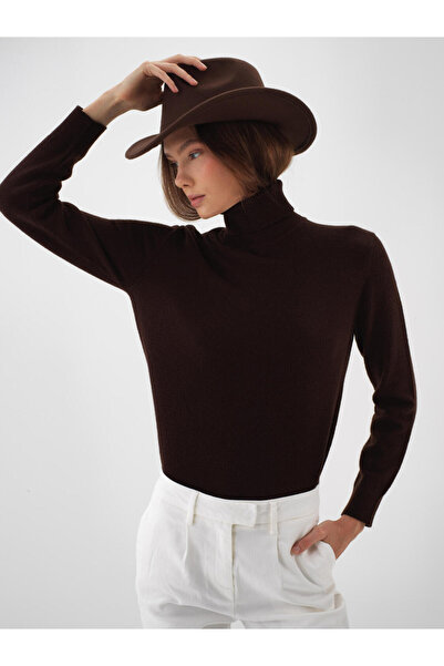 Xint Kadın Kahve Yünlü Basic Balıkçı Yaka Kazak