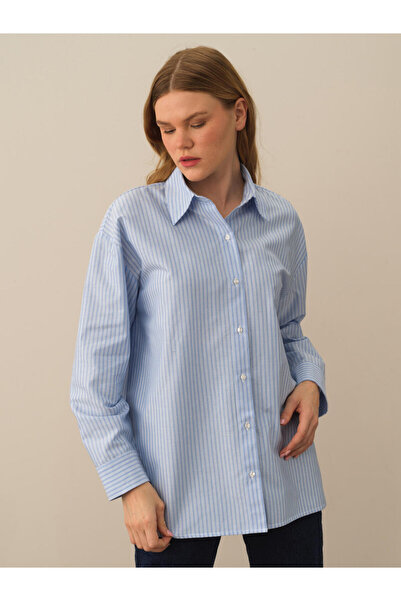 Xint Kadın Mavi Pamuk Dokulu Oversize Gömlek