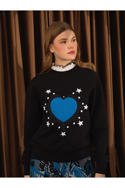 Xint Kadın Siyah Oversize Desenli Sweatshirt