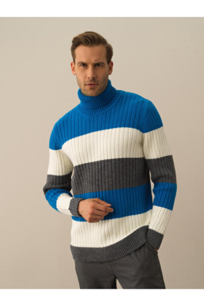 Xint Erkek Mavi Balıkçı Yaka Regular Fit Çizgili Yün Kazak