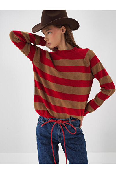 Xint Kadın Camel Yünlü Çizgili Kazak