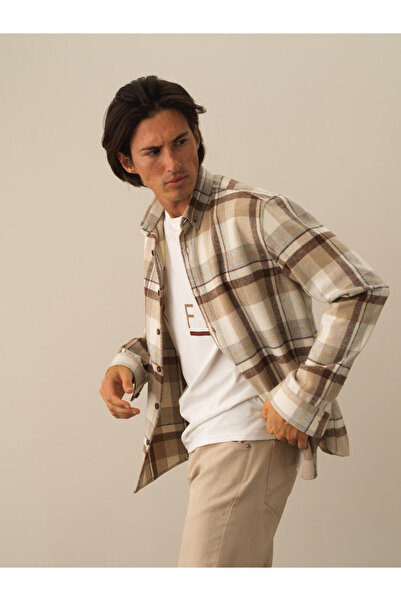 Xint Erkek Bej Pamuklu Regular Fit Ekose Gömlek