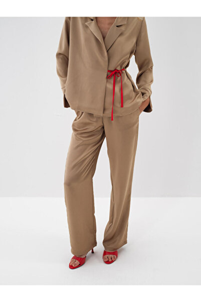 Xint Kadın Camel Saten Regular Fit Düz Pantolon