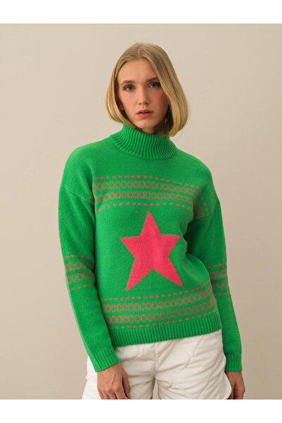 Xint Kadın Yeşil Oversize Desenli Yünlü Kazak