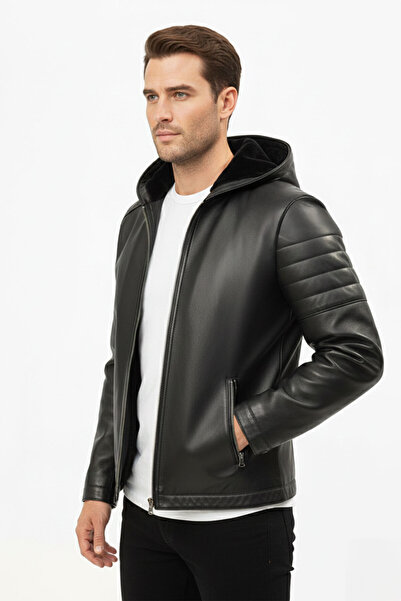 Deriderim Siyah Peter Erkek Kapüşonlu Kürklü Fermuarlı Sıcak Tutar Hakiki Der...