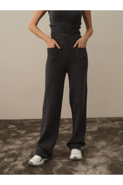 Xint Kadın Koyu Gri Lüks Pamuk Dokulu Regular Fit Pantolon