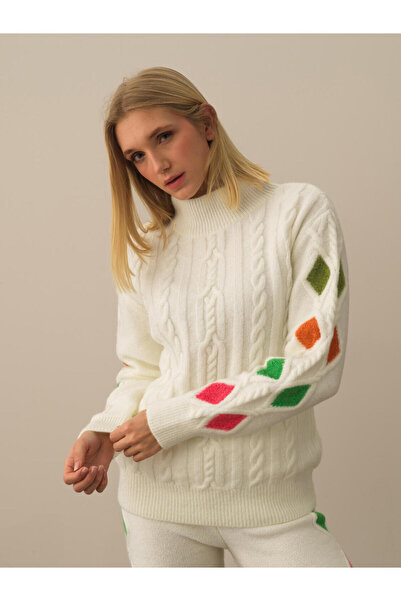 Xint Kadın Kırık Beyaz Lüks Pamuk Dokulu Oversize Kazak