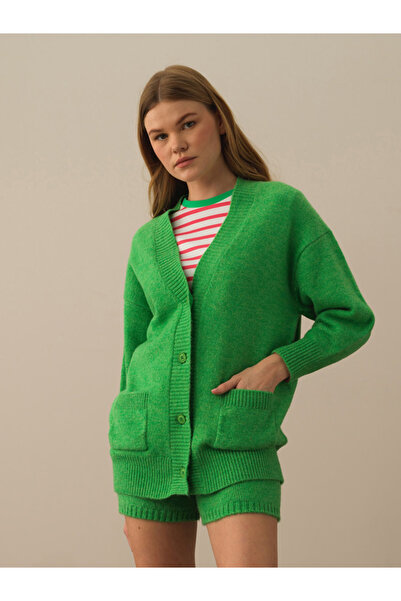 Xint Kadın Yeşil Lüks Pamuk Dokulu Oversize Hırka