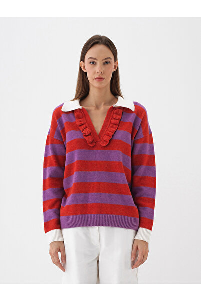 Xint Kadın Mor Mohaır Çizgili Kazak