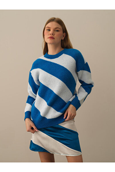 Xint Kadın Mavi Lüks Pamuk Dokulu Oversize Kazak