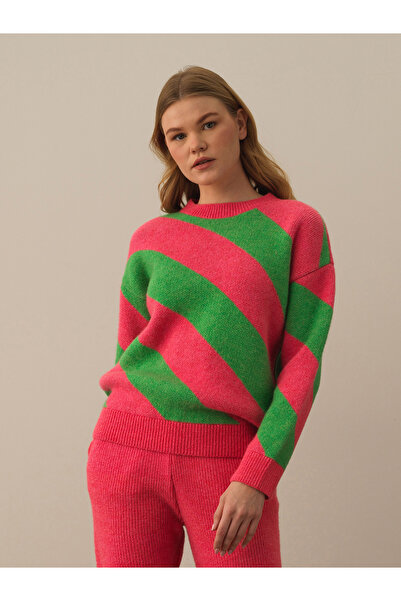 Xint Kadın Pembe Çizgili Oversize Kazak