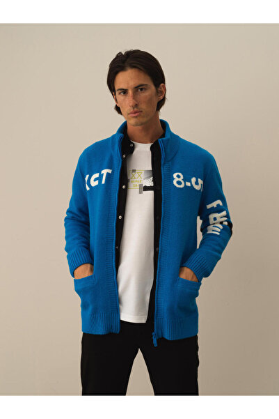 Xint Erkek Mavi Doğal Yün Dokulu Regular Fit Hırka