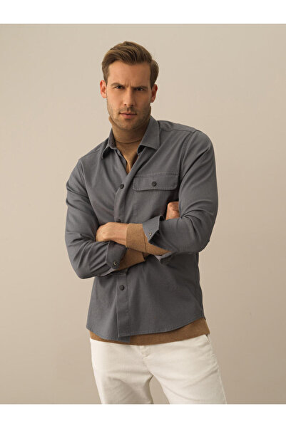 Xint Erkek Koyu Gri Pamuk Dokulu Regular Fit Gömlek
