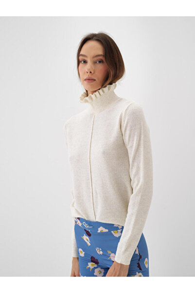 Xint Kadın Ekru Yünlü Balıkçı Yaka Düz Kazak