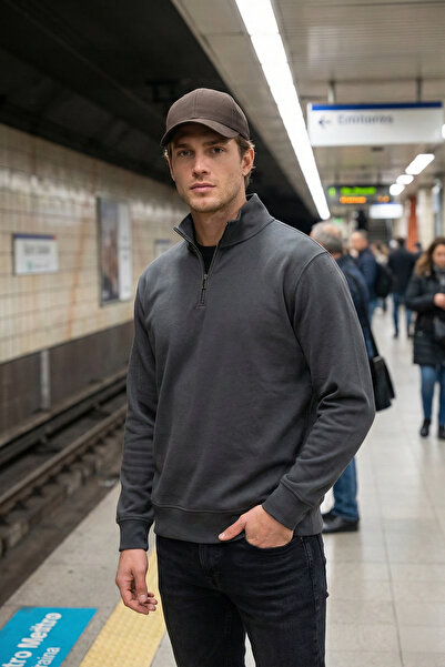 Buratti Cotton Regular Fit Half Zipper Stand Collar Sweat Men's Sweat 5905470