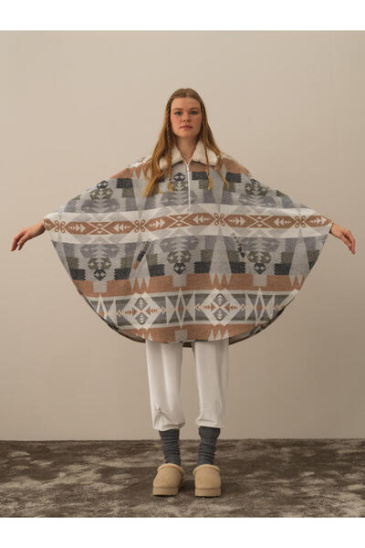 Xint Kadın Gri Kürklü Regular Fit Panço