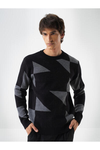 Xint Erkek Siyah Yünlü Desenli Kazak