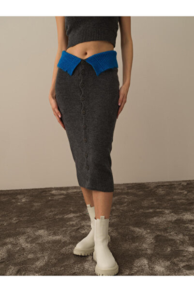 Xint Kadın Koyu Gri Lüks Pamuk Dokulu Oversize Etek